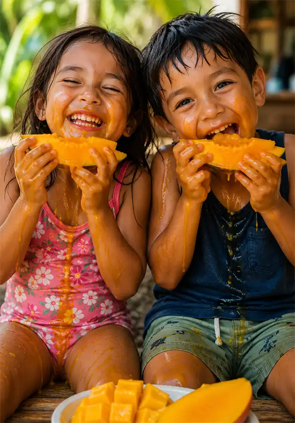 Kids Making Mess with a Mango Two happy children sit outdoors enjoying juicy mango slices, laughing as sweet mango juice drips down their faces, hands, and clothes in a wonderfully messy summer snack time.