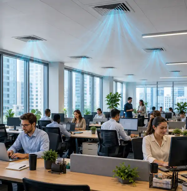 Employees work comfortably and productively in a modern open-plan office while cool air flows from ceiling vents, creating a pleasant environment that supports focus, collaboration, and efficiency.