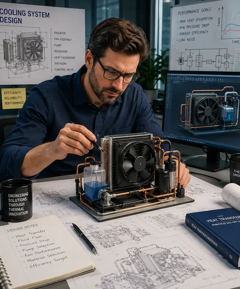 A thermal engineer studies a detailed cooling system prototype at his workstation, surrounded by CAD renderings, technical drawings, and engineering plans used to design efficient temperature-control systems.