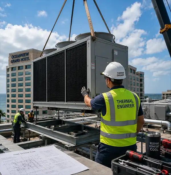A thermal engineer supervises the installation of a massive commercial air conditioning and heat transfer unit on the rooftop of a large hotel, coordinating workers and equipment to provide reliable cooling for guests below.