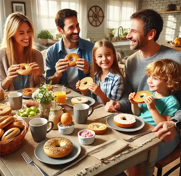 A Family enjoys a breakfast of Bagels together.