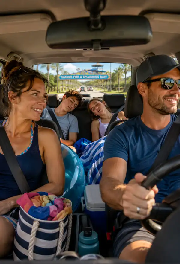 Smiling parents drive home after a fun day at the waterpark while their two exhausted teenagers sleep in the back seat.