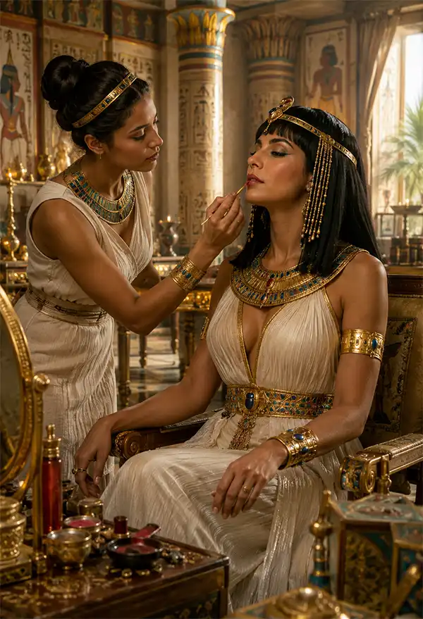 Egyptian Lipstick Application Ancient Egyptian noblewoman sits in a luxurious palace beauty chamber as a maid carefully applies red lip color, surrounded by ornate furnishings, gold decorations, and richly painted walls.