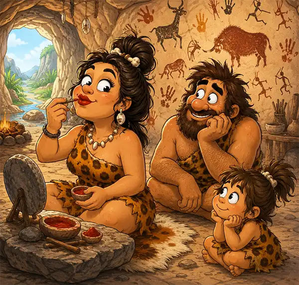 Cavewomen, interested in Lipstick? Cartoon illustration of a cheerful prehistoric cave family inside a brightly lit cave. A cavewoman applies red pigment to her lips with a small wooden stick while a curious caveman watches with amusement. A child looks on nearby, and colorful cave paintings decorate the walls, creating a humorous and family-friendly scene.