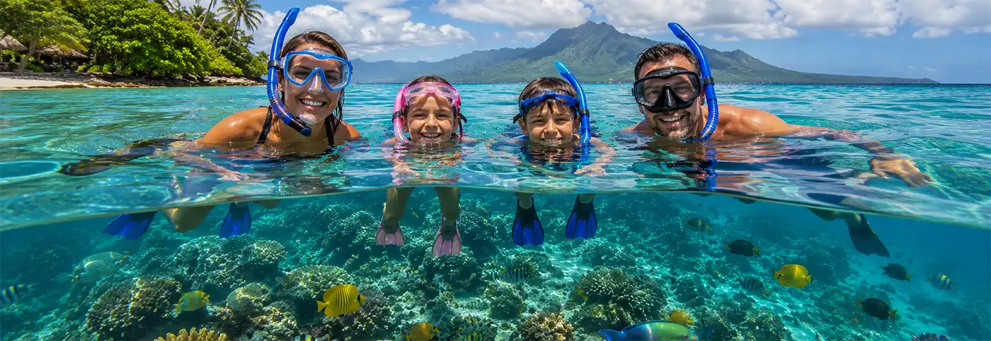 Snorkeling Over a Reef A family of four enjoys snorkeling together on the surface of a crystal-clear tropical ocean above a vibrant coral reef filled with colorful fish on a beautiful sunny day.