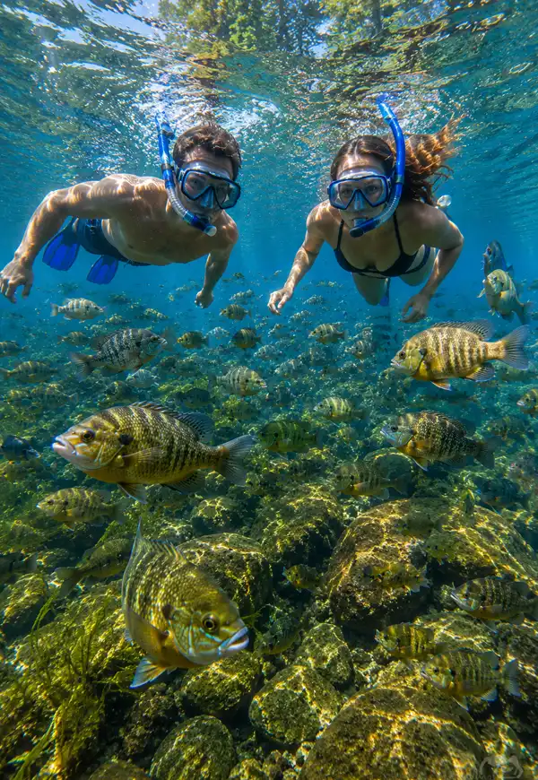 Snorkeling in a beautifully clear lake A couple snorkels through a crystal-clear freshwater lake surrounded by a large school of native fish, exploring the cool, sunlit water from an underwater perspective on a beautiful summer day.