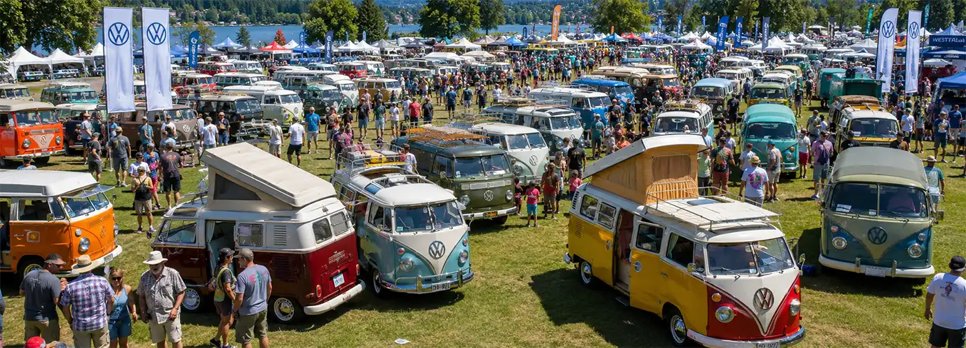 Hundreds of visitors explore a colorful Volkswagen Bus show featuring beautifully restored classic VW campers and Microbuses displayed on a sunny day in a scenic park.