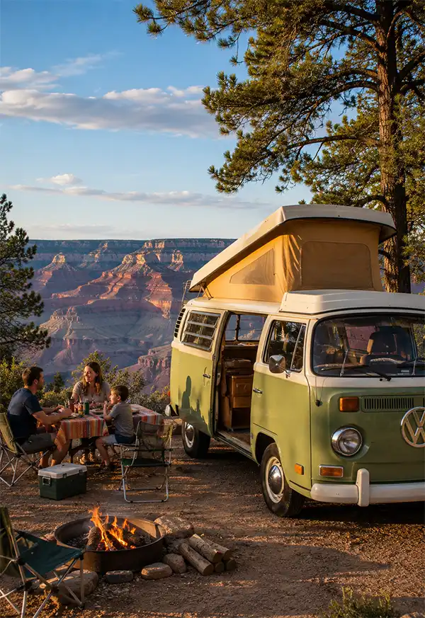 A family enjoys camping beside a classic green Volkswagen camper bus with a raised pop-top at a Grand Canyon campsite, sharing a meal and taking in the spectacular canyon views at sunset.
