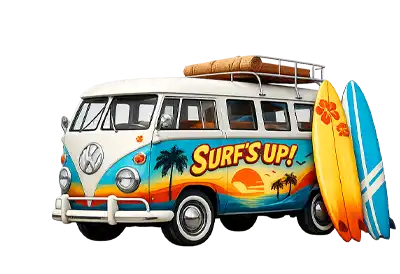 A colorful vintage Volkswagen microbus with retro surfing artwork is parked with two surfboards leaning against it, isolated on a transparent background.