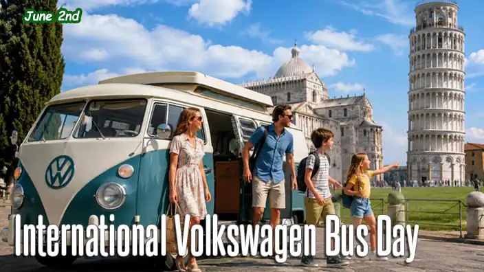 A happy family arrives at the Leaning Tower of Pisa in a classic Volkswagen camper bus with a pop-top roof, stepping out to enjoy a sunny day at one of Italy's most famous landmarks.