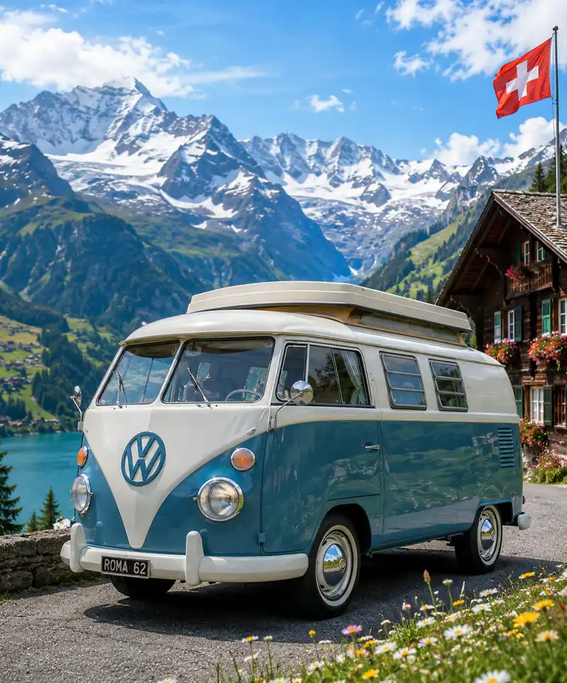 A classic blue and white Volkswagen camper bus with a pop-top roof is parked on a scenic Swiss mountain road overlooking alpine peaks and a clear lake.