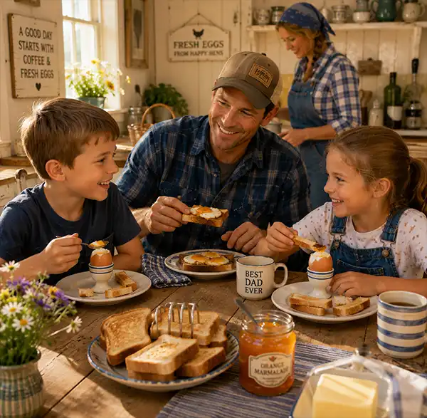 Eggs For Breakfast A farm family enjoys a hearty breakfast together in a cozy country kitchen. Two children eat soft-boiled eggs from egg cups with toast and marmalade, while their father enjoys eggs on toast and their mother prepares food in the background. Warm morning sunlight fills the room, creating a welcoming farmhouse atmosphere.