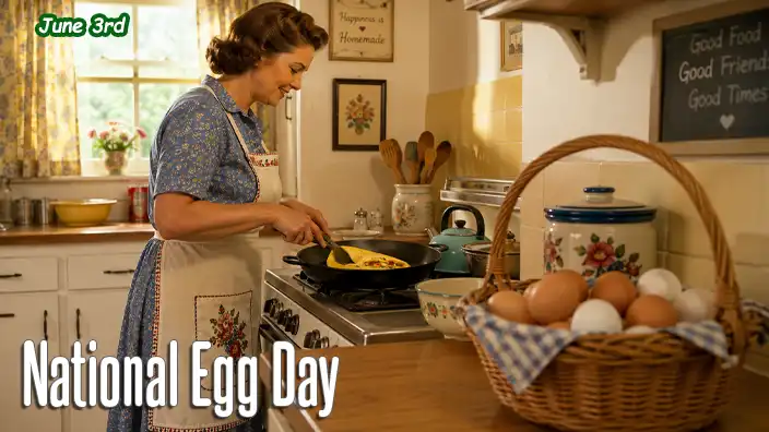 A mother prepares a fresh omelet on the stove in a warm country kitchen while a basket filled with farm-fresh eggs sits prominently in the foreground.