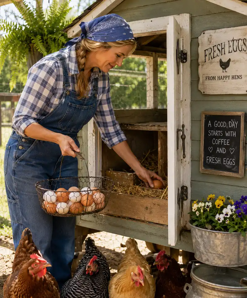 A farmer's wife collects fresh eggs from a clean, well-maintained chicken coop while several hens gather nearby. A sign on the coop reads, "A Good Day Starts With Coffee & Fresh Eggs," adding charm to the sunny farmyard scene.
