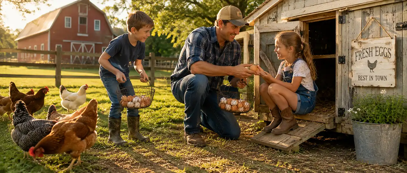 Gathering Eggs from the Chicken Coop A father and his two children, a brother and sister, happily collect fresh eggs from a well-kept chicken coop on a sunny farm. Surrounded by friendly hens, the family laughs and works together while filling baskets with eggs in the warm countryside.