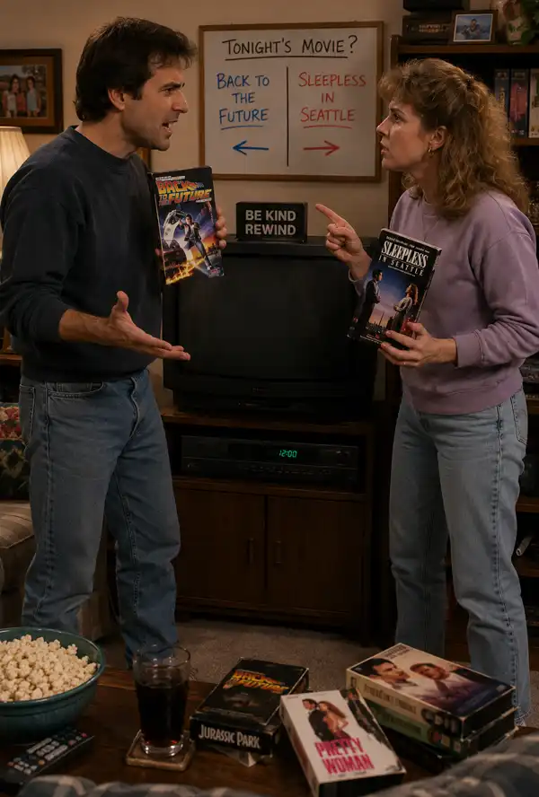 A husband and wife humorously argue over which VHS movie to watch in their living room, with the husband holding Back to the Future and the wife holding Sleepless in Seattle while a VCR below the television stubbornly flashes 12:00.