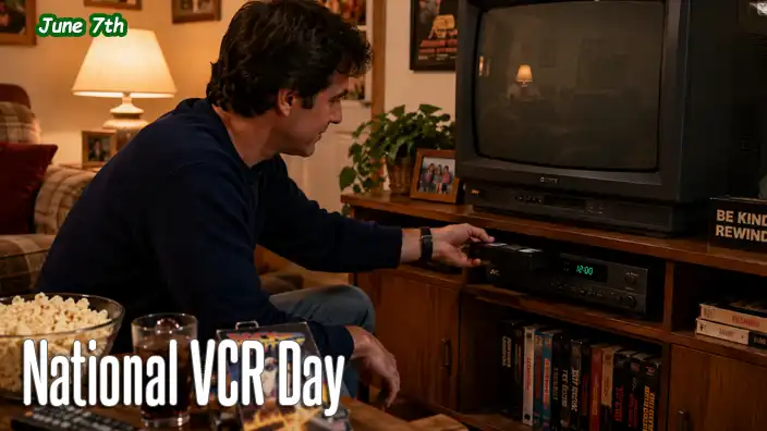 A man inserts a VHS cassette into a VCR displaying a flashing 12:00 clock in a cozy family living room, surrounded by classic movie-night snacks and a vintage television.