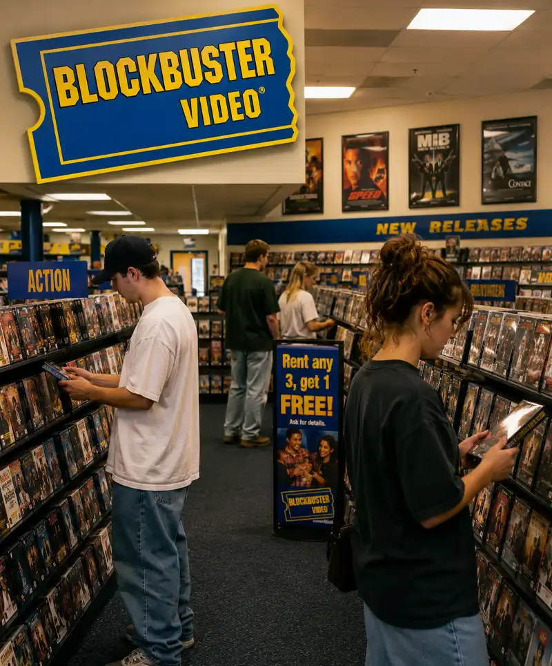 Customers browse movie shelves inside a busy video rental store reminiscent of the VHS era, searching through rows of films and new releases while enjoying a nostalgic trip back to the golden age of home video rentals.