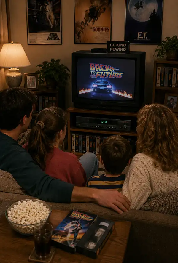 Family gathered in a cozy living room watching a movie on a CRT television connected to a VCR, enjoying a classic VHS movie night complete with popcorn, soft lighting, and nostalgic 1990s home entertainment.