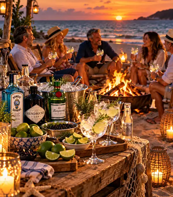 Gin & Tonic on the beach? Sure! Friends enjoying gin and tonic around a beach fire at sunset, with gin bottles, glasses, fresh limes and ice arranged on a table in the foreground.