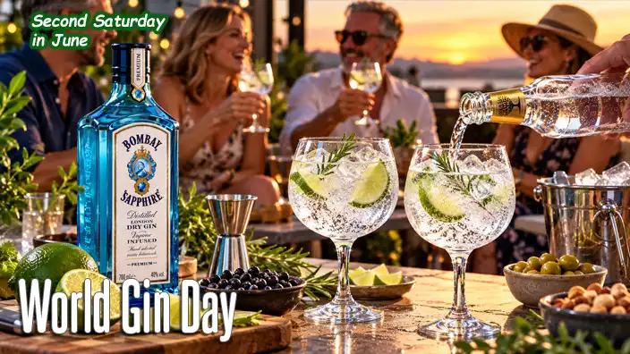 Friends enjoying gin and tonic at a sunset gathering, with glasses of gin, fresh lime and juniper berries arranged in the foreground.
