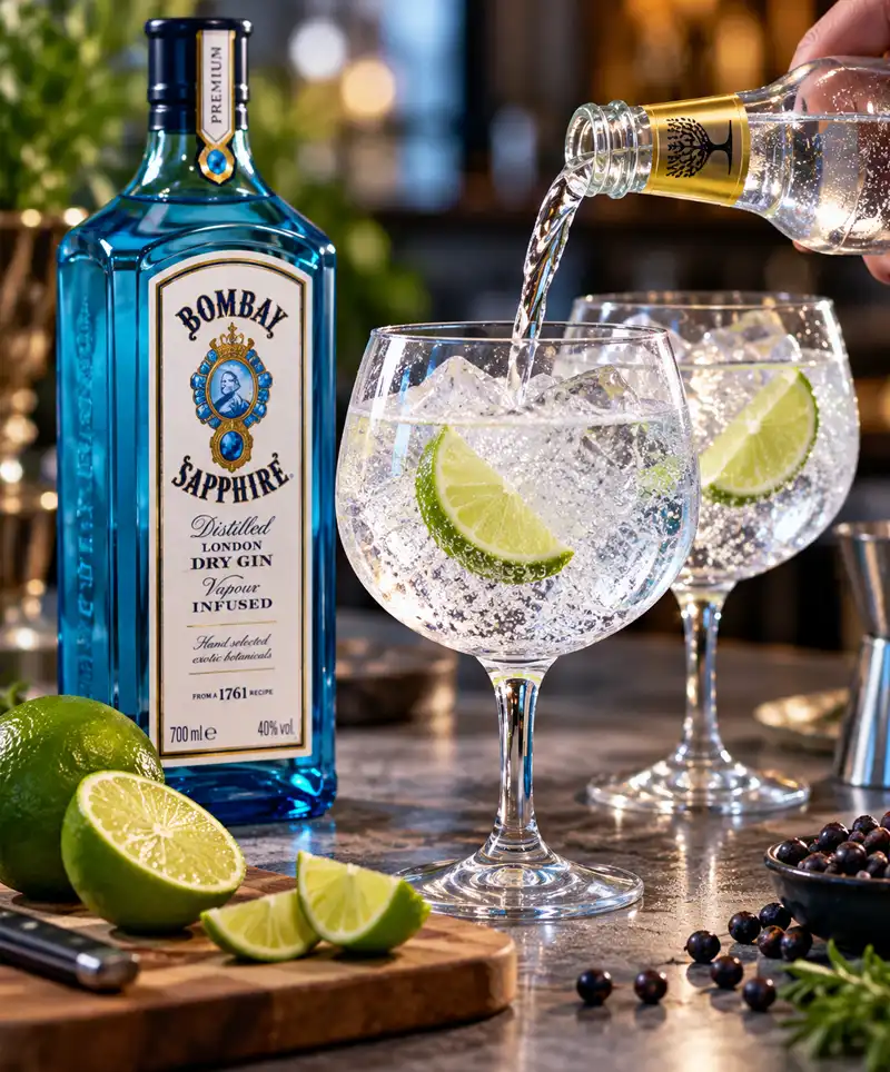 Gin and tonic being poured over ice into two glasses garnished with fresh lime, beside a bottle of gin and juniper berries.
