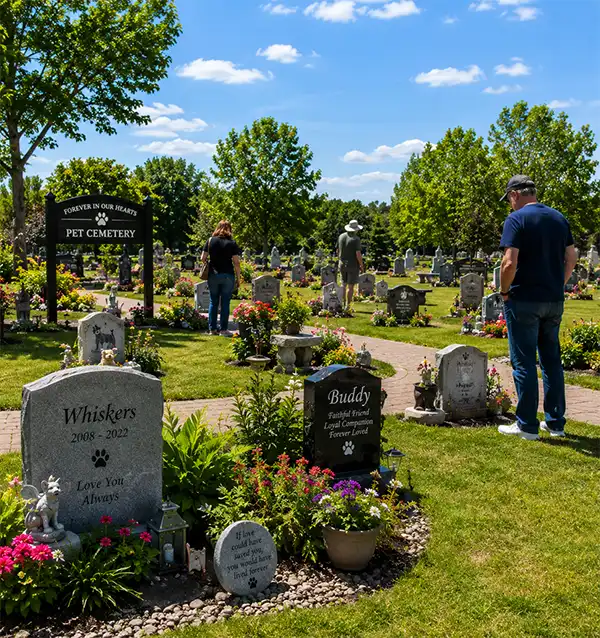 Visitors walk quietly through a beautifully maintained pet cemetery on a bright summer day. Memorial headstones, colorful flower gardens, and personalized tributes honor beloved pets, creating a peaceful setting for reflection, remembrance, and celebration of the animals that enriched their owners' lives.
