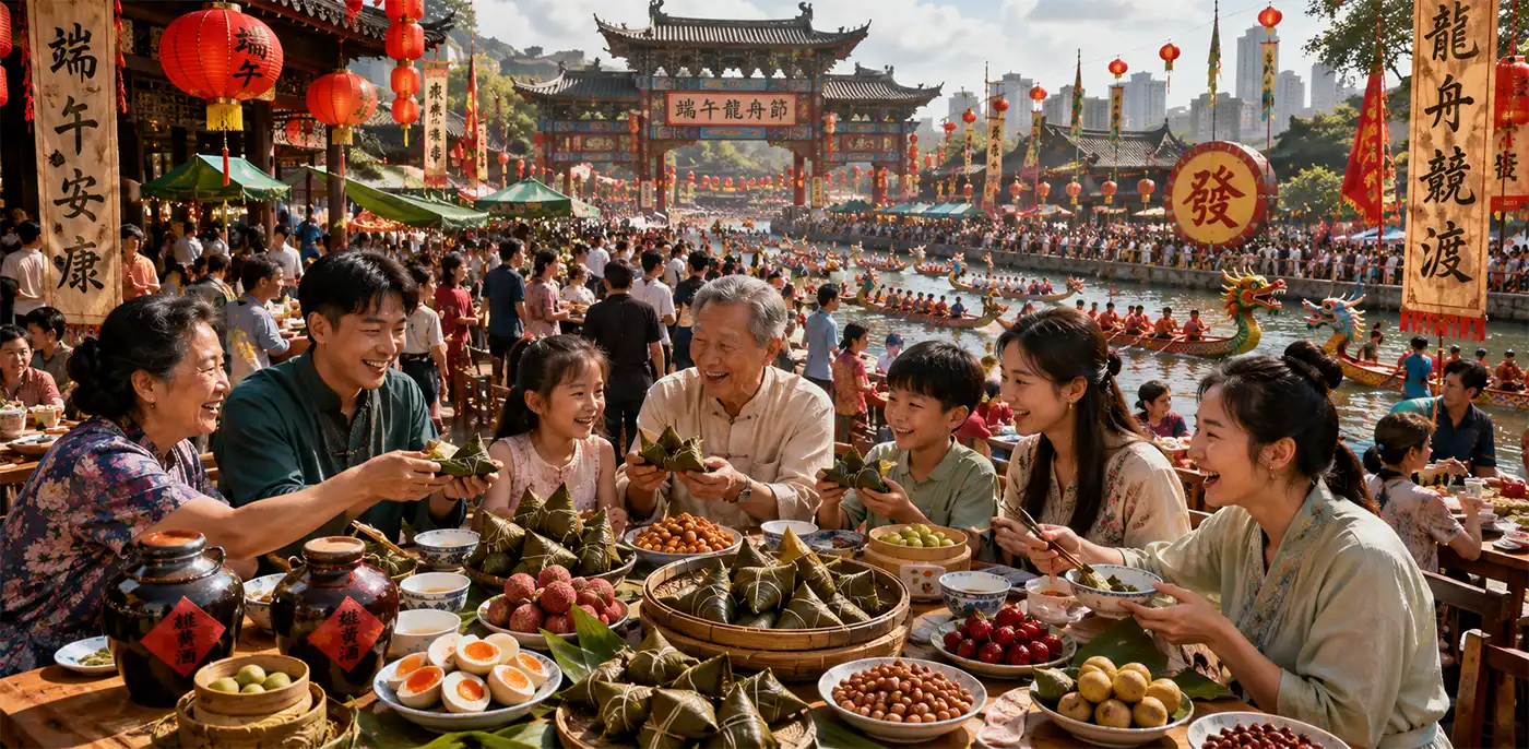 A Chinese Family attending their local Dragon Boat Festival Families and friends gather at a vibrant Dragon Boat Festival celebration, enjoying zongzi, eggs, fruit, and traditional seasonal foods at long outdoor tables. Colorful lanterns, cultural decorations, and dragon boat races fill the riverside festival grounds, creating a lively atmosphere of community, tradition, and celebration.