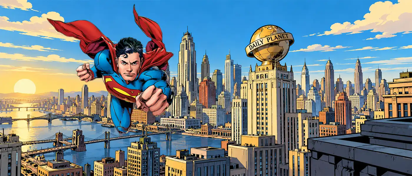 Superman Above a Vintage comic-book illustration of the Metropolis skyline at sunset, featuring the Daily Planet building and its iconic globe above the city.