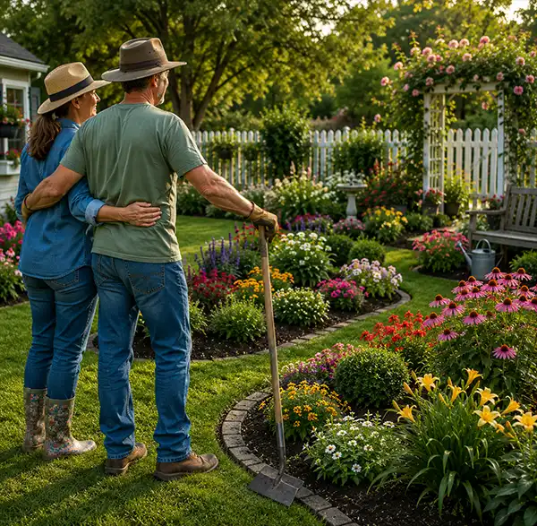 A couple stands arm in arm in their backyard garden, admiring colorful flower beds after a successful day of weeding, while the husband rests both hands on a long-handled hoe.