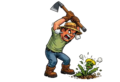 Cartoon of an enraged gardener beating a weed with a hoe on a transparent background.