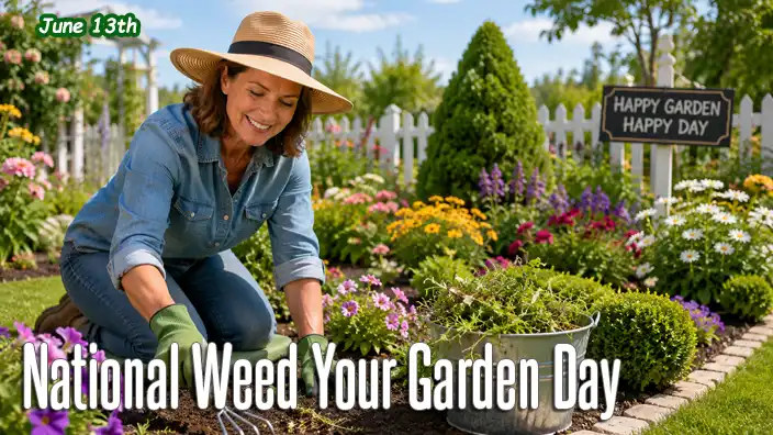 A woman wearing a wide-brimmed sun hat happily weeds a colorful flower garden with a hand rake while a bucket filled with weeds sits beside her on a bright summer day.