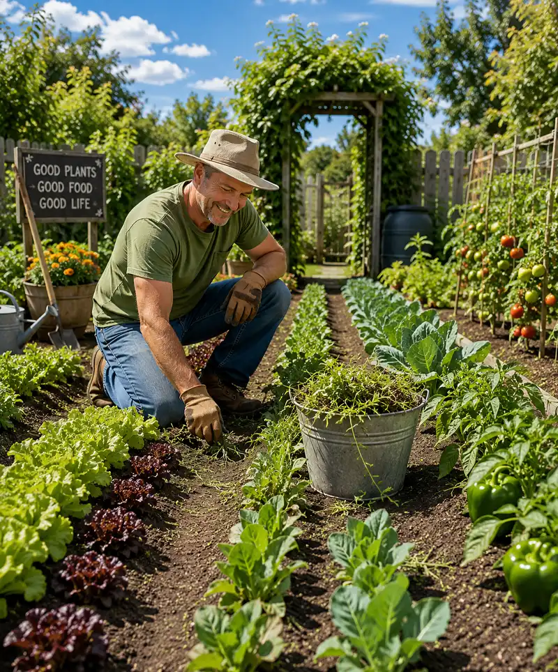 A man kneels in a well-maintained vegetable garden on a sunny day, pulling the last weeds from between neat rows of healthy vegetables while a bucket full of weeds sits beside him.