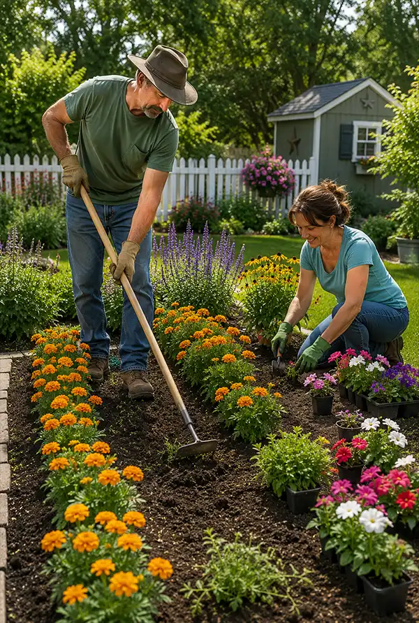 A man uses a long-handled hoe between rows of blooming marigolds while his wife plants colorful flowers nearby in their sunny backyard garden.