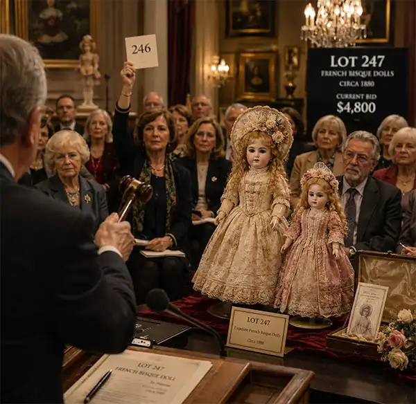 A Doll Auction An auctioneer points his gavel toward a bidder during a high-end doll auction. Two elegant antique dolls stand on display in front of an attentive audience as collectors compete to purchase the valuable pieces.