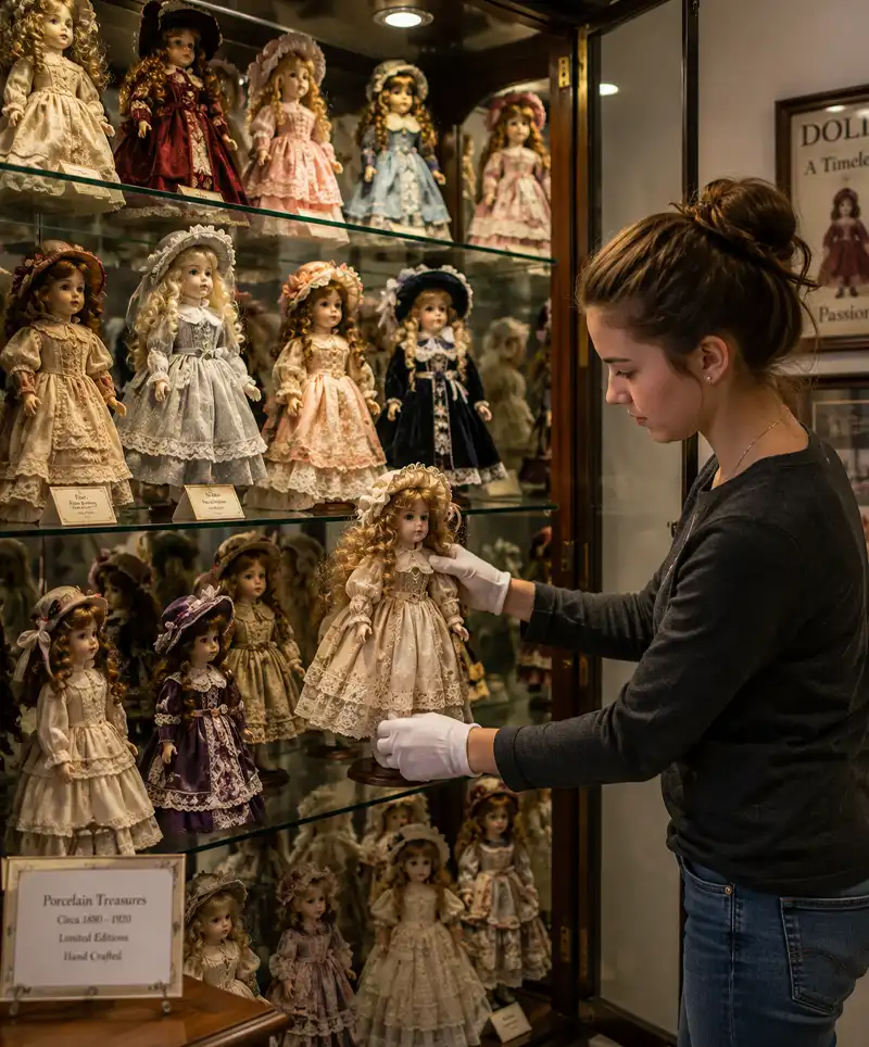 A teenage doll collector carefully arranges an elegant porcelain doll inside a glass display cabinet filled with beautifully dressed collectible dolls. The collection features detailed period clothing, fine craftsmanship, and heirloom-quality pieces displayed with pride and care.