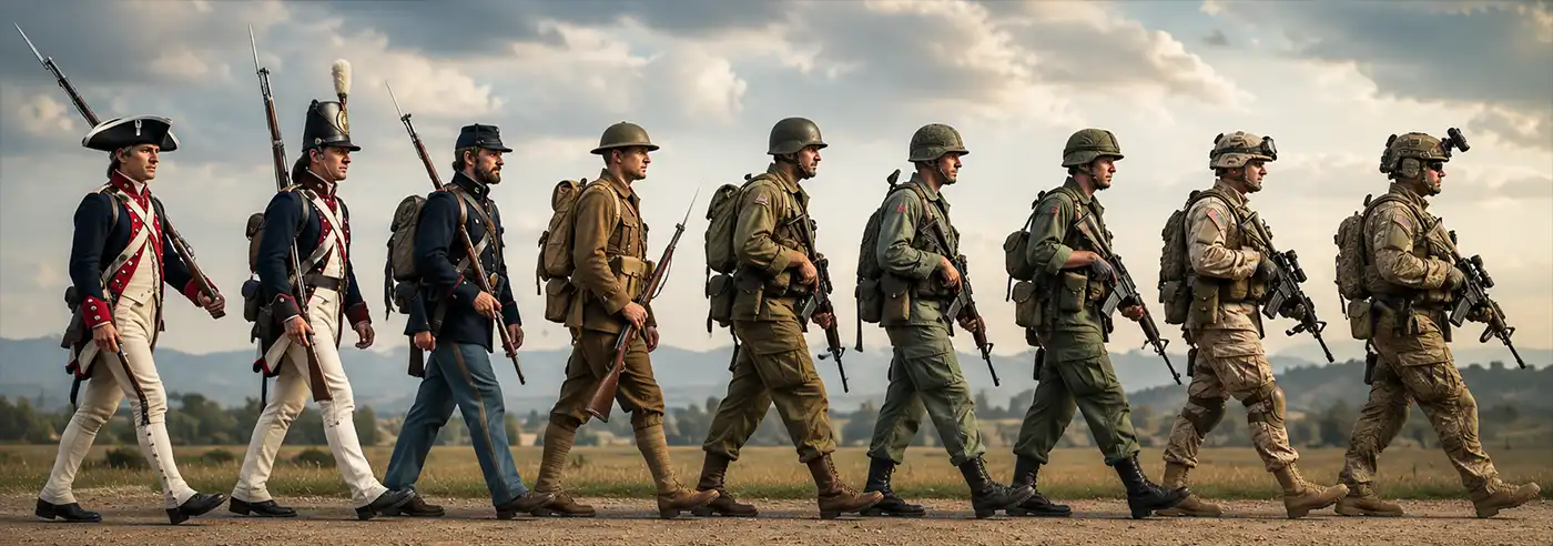 A panoramic timeline of United States Army history showing soldiers in authentic uniforms and equipment from the Revolutionary War through the modern era marching side by side across an open landscape, illustrating more than 250 years of military service and evolution.