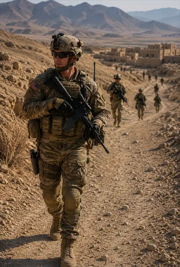 Modern U.S. Army soldier leading a patrol through a rugged Middle Eastern landscape, with fellow soldiers spaced behind him along a dusty trail as they conduct a security mission in arid terrain.