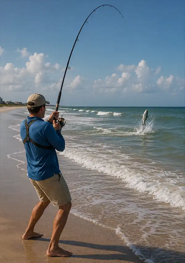 A surf fisherman stands barefoot on a sandy beach, battling a strong fish hooked in the rolling surf. His fishing rod bends dramatically under the strain as the fish leaps from the water, creating a splash against the backdrop of gentle waves and a bright coastal sky.
