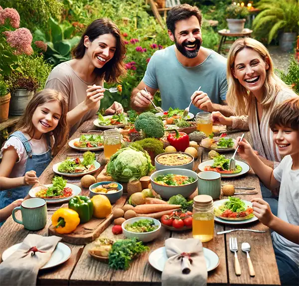 The family enjoying a Sustainable meal in their backyard. A happy family enjoying a sustainable meal outdoors. It captures the essence of Sustainable Gastronomy Day with fresh, organic foods and a joyful atmosphere.