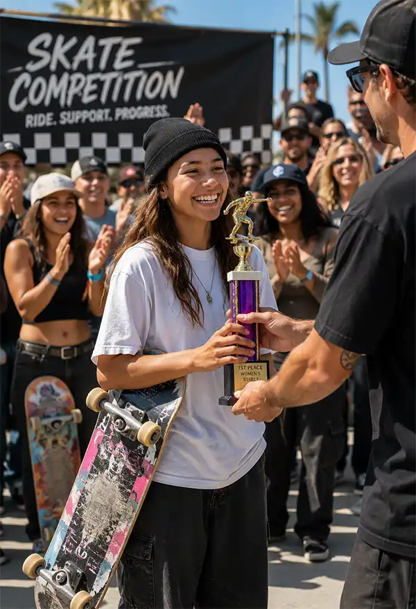 Winning a Skateboard Competition A smiling young skateboarder proudly accepts a trophy after winning a skateboarding competition while holding her skateboard under one arm. Surrounded by cheering spectators at a sunny skatepark, the moment captures the excitement, achievement, and community spirit of competitive skateboarding.