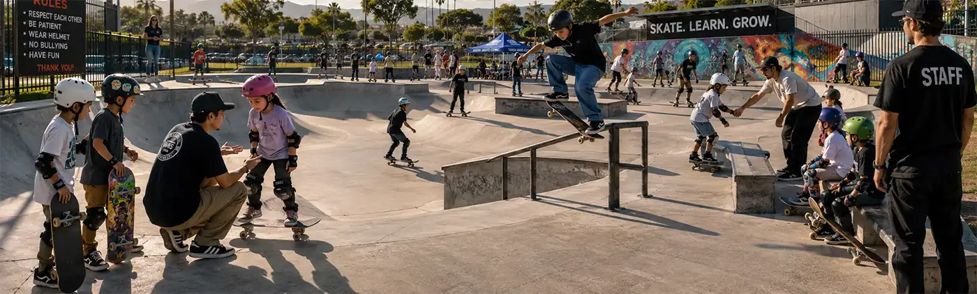 Children and teenagers enjoy a busy skatepark while practicing tricks, learning new skills, and encouraging one another. Experienced skaters help beginners gain confidence as staff members supervise the park, creating a safe and welcoming environment that celebrates the community spirit of skateboarding.