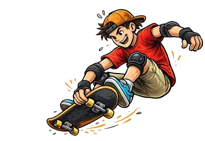 Go Skateboarding Day Cartoon skateboarder soaring through the air while performing an aerial trick, gripping his skateboard beneath him. Wearing protective pads, a backward cap, and a bright red shirt, he appears confident and energetic against a transparent background, capturing the excitement and creativity of skateboarding.