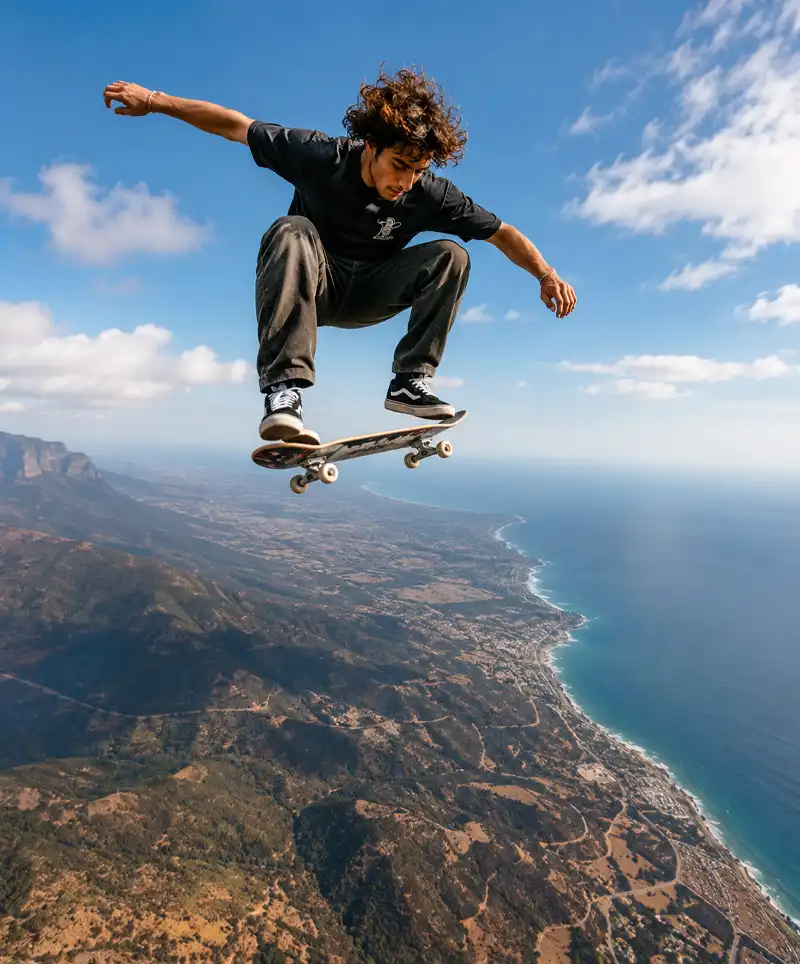 A fearless skateboarder reaches the peak of an aerial trick high above a dramatic coastal landscape, appearing suspended in the sky with a vast drop stretching far below. The breathtaking perspective and distant horizon create the illusion that the skater is soaring so high that a parachute might be a sensible precaution.