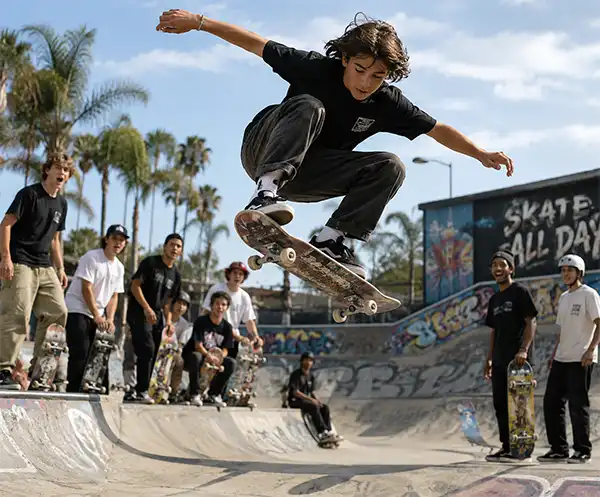 High Jump A talented young skateboarder performs an impressive aerial trick high above a skatepark bowl while friends and fellow skaters watch with admiration. The sunny skatepark scene captures the excitement, skill, and community spirit that make skateboarding such a popular sport and lifestyle.