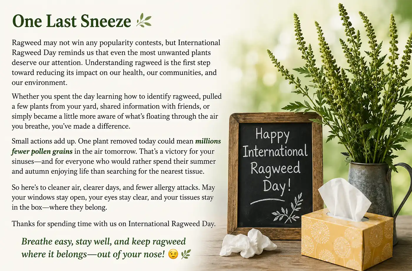 International Ragweed Day awareness graphic featuring a bouquet of ragweed plants beside a box of tissues and a chalkboard sign. The display highlights the importance of ragweed education, allergy awareness, and reducing pollen exposure during allergy season.