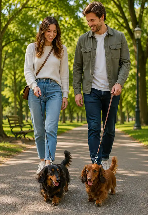 Two people enjoy a sunny walk through a park with their long-haired Dachshunds, as the friendly dogs happily stroll side by side along a tree-lined path.