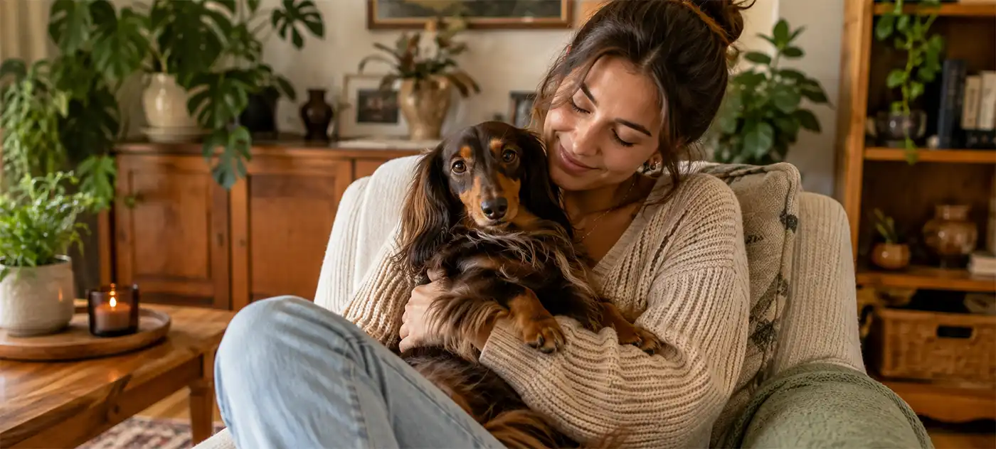 A young woman relaxes in a cozy living room, cuddling her long-haired Dachshund while sitting in a comfortable armchair surrounded by houseplants and warm wooden furniture.