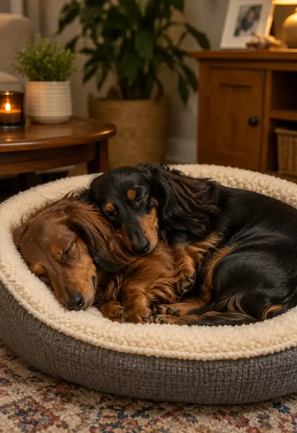 Two long-haired Dachshunds sleep peacefully together in a plush dog bed in a cozy living room, resting after a fun-filled day of playing while surrounded by warm wooden furniture and houseplants.