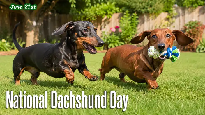 Two playful Dachshunds race across a lush green backyard lawn, chasing each other with ears flapping and tails wagging on a sunny afternoon.